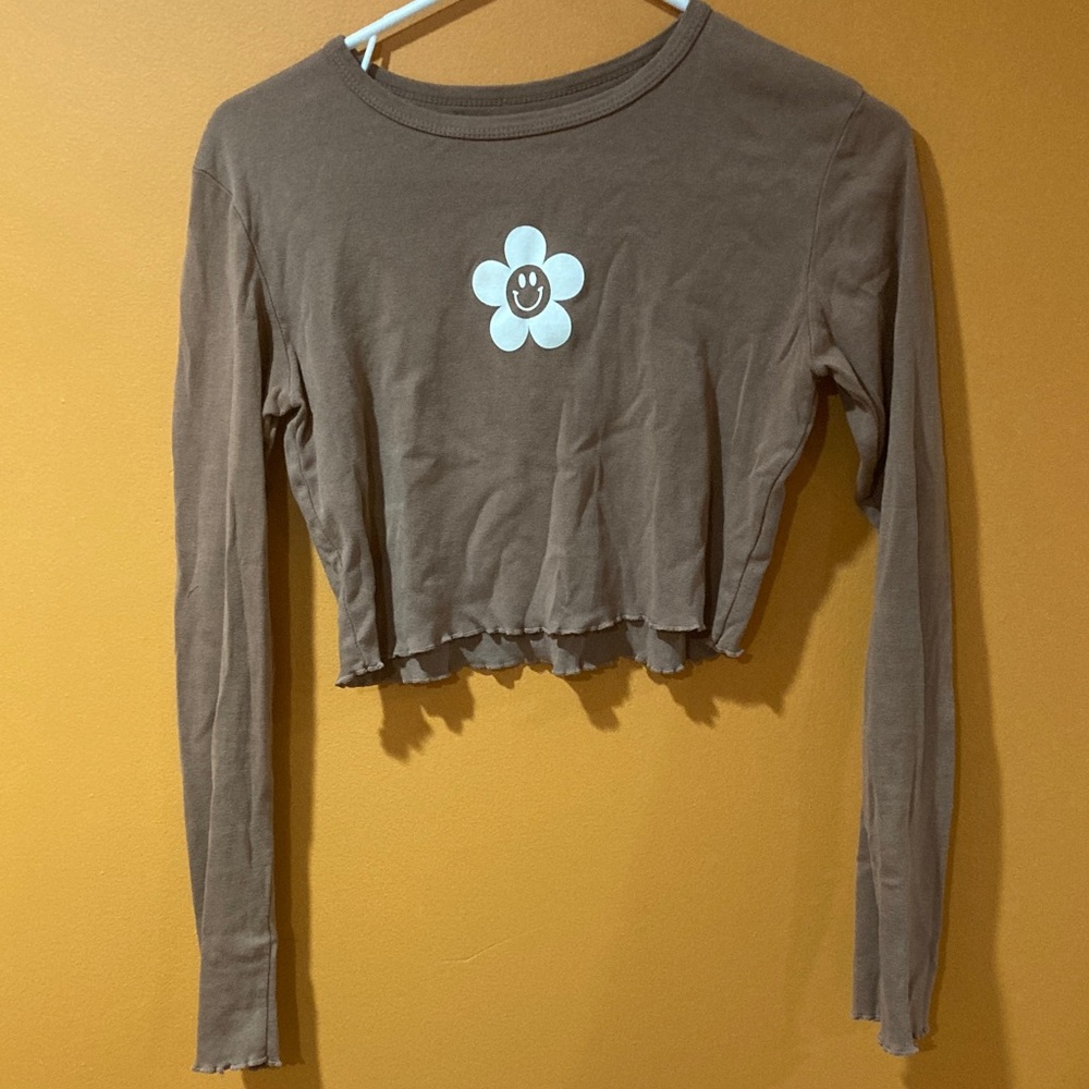 Los Angeles Apparel Brown Crop Top with Smiley Flower